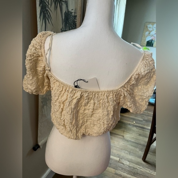 Zara Cotton Blend Gauzy Textured Square Neck Puff Sleeves Crop Top Cream L - Picture 8 of 17